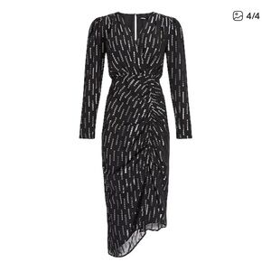 EUC Express Metallic Faux Wrap Ruched Front Asymmetrical Midi Dress